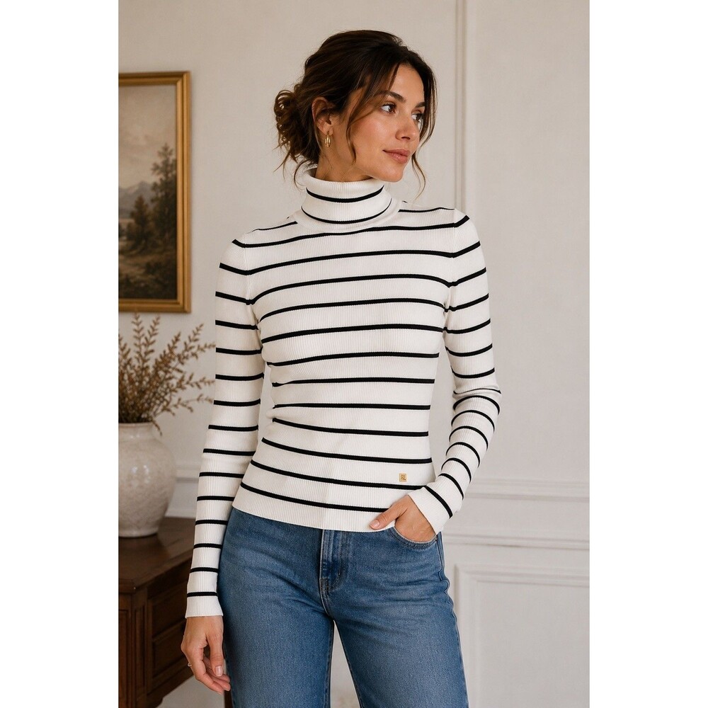 Lauren Ralph Lauren Women’s M Ivory Black Striped Ribbed Turtleneck Sweater - Picture 1 of 12